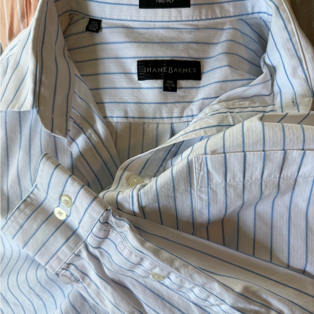 Jhane Barnes Men's White and Blue Pinstripe Shirt